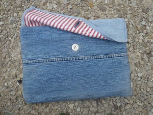 ipad pouch I made from old jeans - Peter Bigfoot made the button from a Guatemalan coin